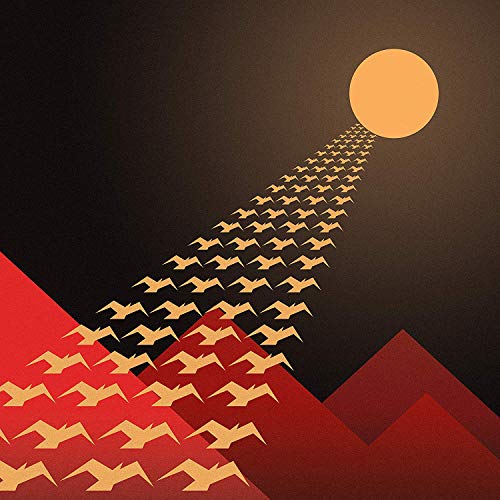 The image depicts a vinyl record cover. Alt text: "Album cover art featuring red hills and birds flying towards a full moon."