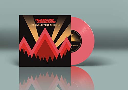 Pink vinyl record with geometric red and gold album cover art.