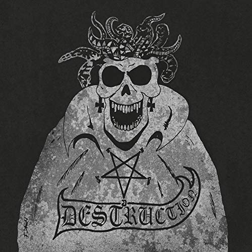 Black and white skull illustration with pentagram and text "DESTRUCTION".