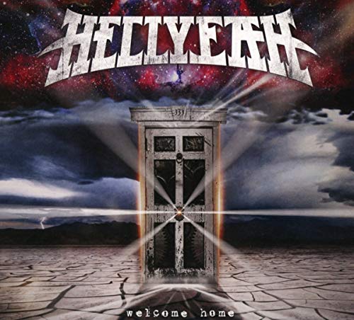 "Album cover featuring a metal door with light beams, on cracked ground, under a cloudy sky."