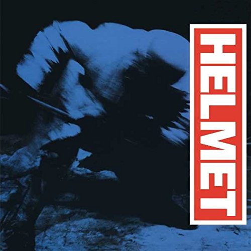 Helmet album cover: abstract blue and black image with red text.