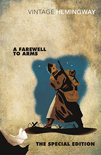 Book cover with soldier illustration, titled "A Farewell to Arms" by Ernest Hemingway.