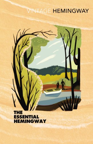 Book cover: illustrated landscape with figures by a lake, text reads "The Essential Hemingway".