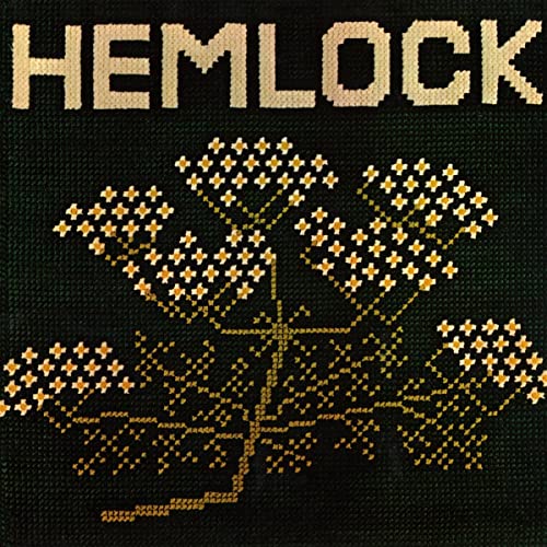 Cross-stitched hemlock plant and text "HEMLOCK" on a dark background.