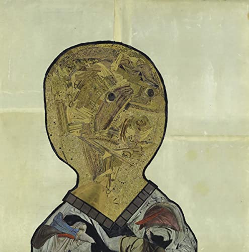 Abstract collage art featuring a bronze-textured, stylized head over a draped, multi-colored figure.