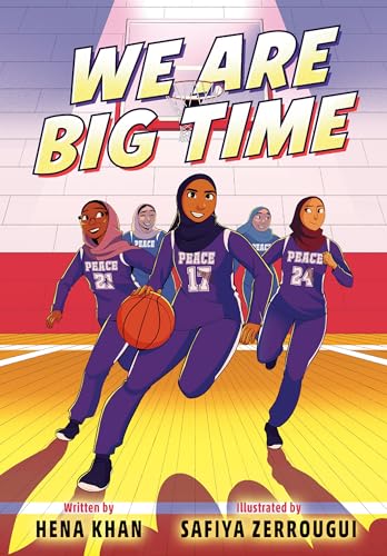 Five girls in purple basketball uniforms and hijabs running on a basketball court.