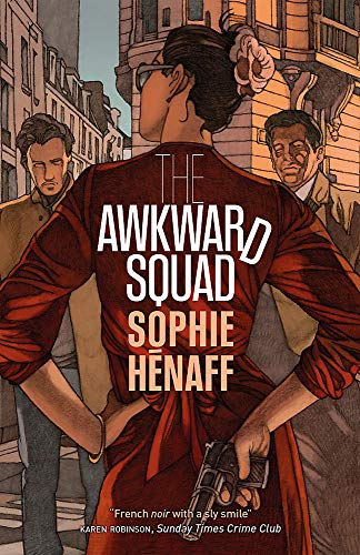 Book cover: woman in red coat with gun, illustrated style.