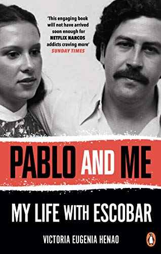 Book cover: split portrait of a woman and Pablo Escobar, red title.
