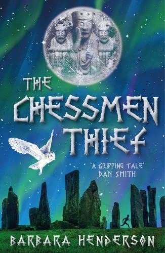 Book cover: "The Chessmen Thief" with chess pieces, owl, and stones.