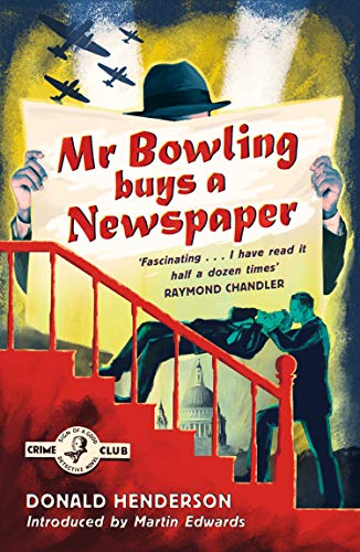 Book cover: man with newspaper, planes overhead, red staircase, city background.
