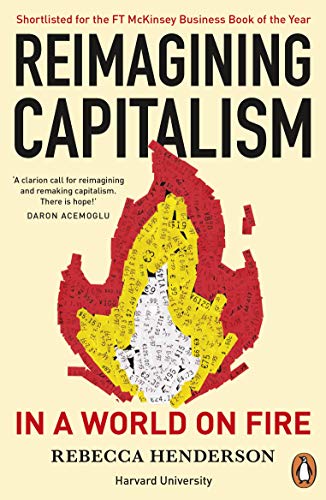 Book cover: “Reimagining Capitalism in a World on Fire” with fiery imagery.