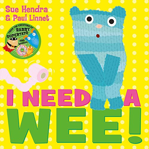 A blue striped bear holds its legs together on a yellow polka-dot background.