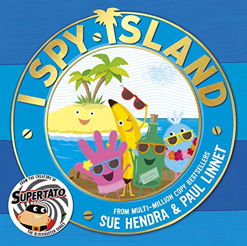 Circular book cover featuring cartoon characters with sunglasses on a tropical beach island.
