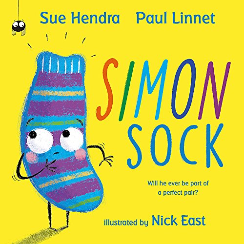 Colorful striped sock character with googly eyes on a yellow background.