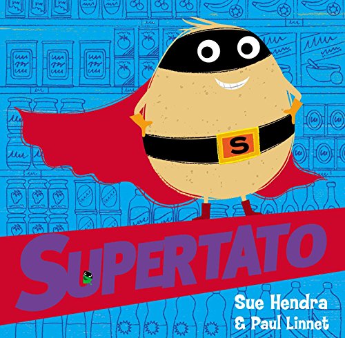 Cartoon potato superhero with a red cape against a blue grocery store background.