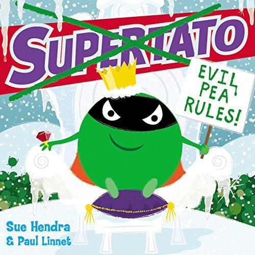 An evil green pea wearing a crown and mask sits on a purple cushion.