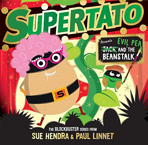 Supertato wearing a pink wig and mask stands next to Evil Pea on stage.