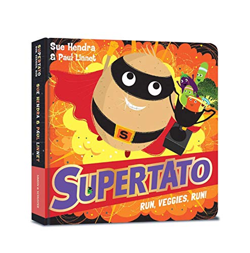 Book cover featuring a potato superhero with running vegetables.