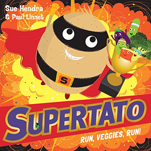 Superpotato with cape leads a chase of colorful vegetables.
