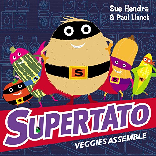 A potato superhero and other vegetable characters in masks stand in a supermarket aisle.