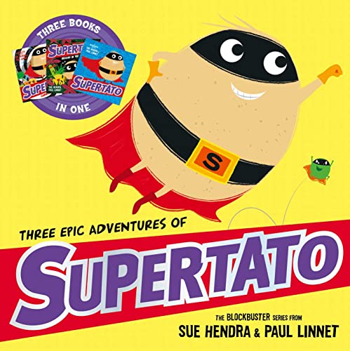 Supertato wearing a mask and cape flies on a yellow book cover.