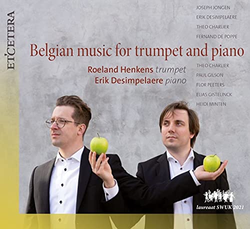 CD cover featuring two men holding green apples, text details composers and musicians.