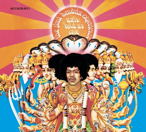 Jimi Hendrix album cover, "Axis: Bold As Love", with colorful Hindu imagery.