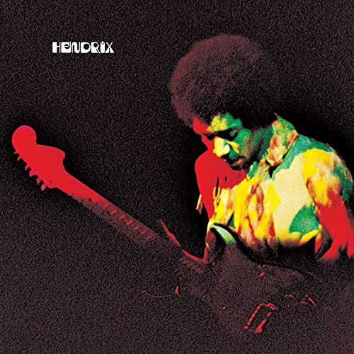 Jimi Hendrix playing a red electric guitar, colorful abstract portrait.