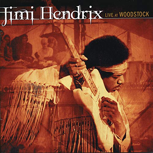 Jimi Hendrix playing guitar at Woodstock, CD album cover, sepia tone.