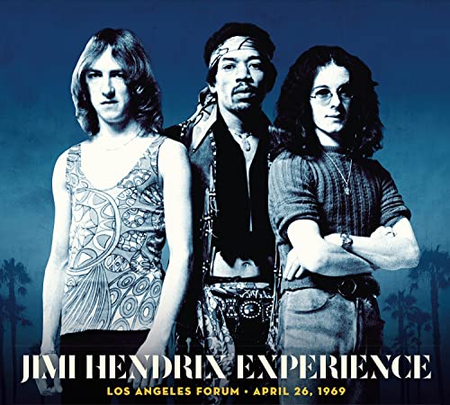 Jimi Hendrix Experience band portrait, Los Angeles Forum concert album cover.
