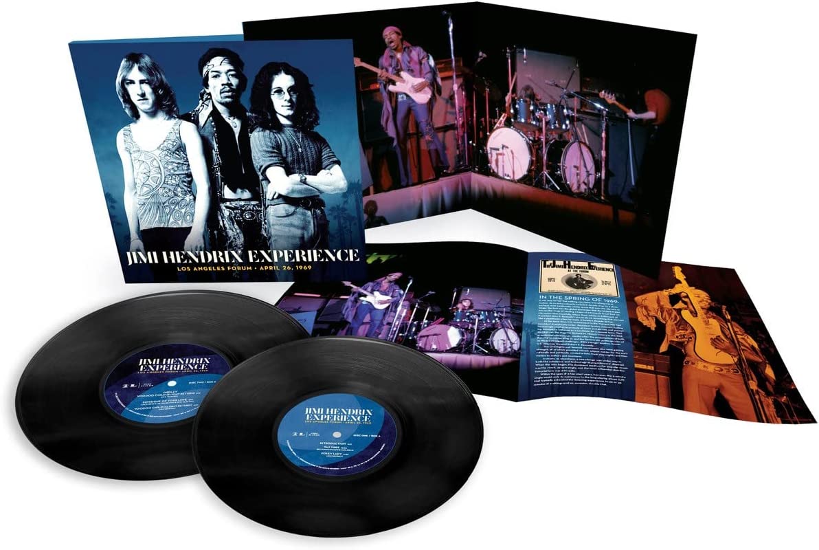 "Two black vinyl records with blue labels and album artwork featuring Jimi Hendrix Experience."