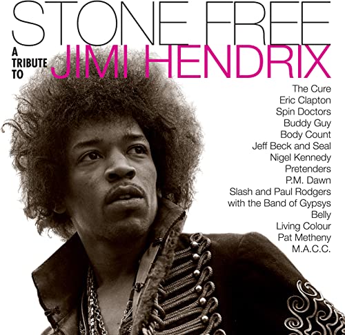 Black and white portrait of Jimi Hendrix with album title "Stone Free.