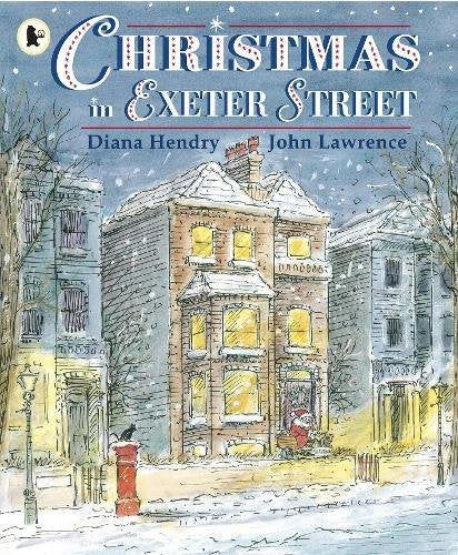 "Illustrated book cover showing a snowy street scene with a house and Santa Claus."