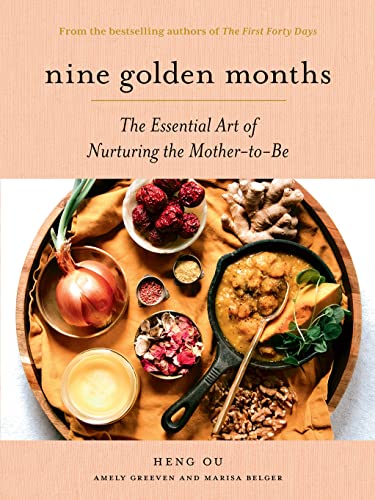 Book cover titled Nine Golden Months featuring a wooden tray with food and ingredients.