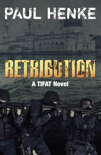 Book cover: “Retribution” with soldiers and a distant cityscape.