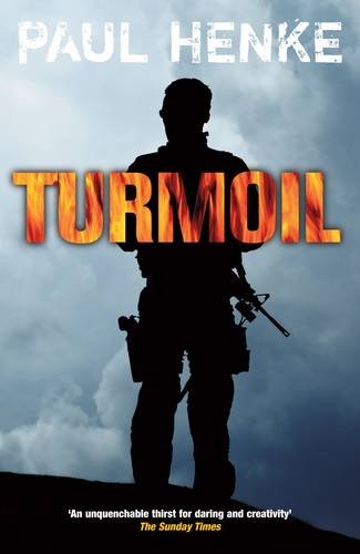 Book cover: "Turmoil" with silhouette of a soldier against a cloudy sky.
