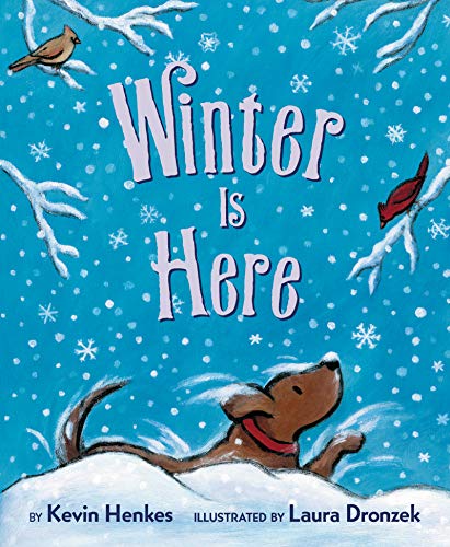 Board book cover with dog in snow, birds, and falling snowflakes.