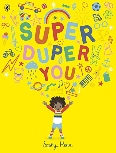 A child with arms raised stands on a yellow background surrounded by colorful doodles.