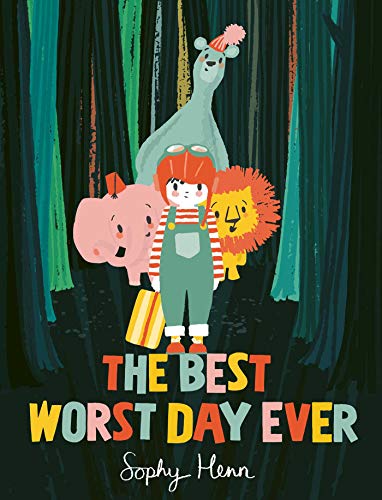 Children and animals with luggage stand in a stylized forest scene.