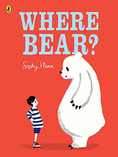 "Book cover with a boy and a bear on a red background."