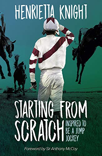 Book cover: jockey viewed from behind, horses jumping, teal background.
