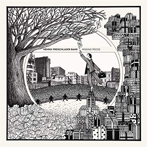 Black and white illustration of a man reaching for floating objects near a tree.