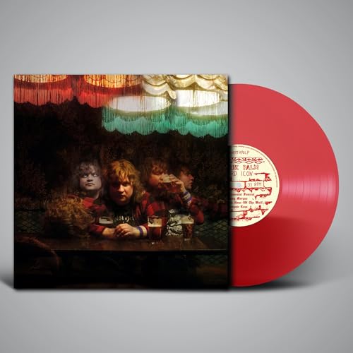 Vinyl record with red cover depicting people at a table.