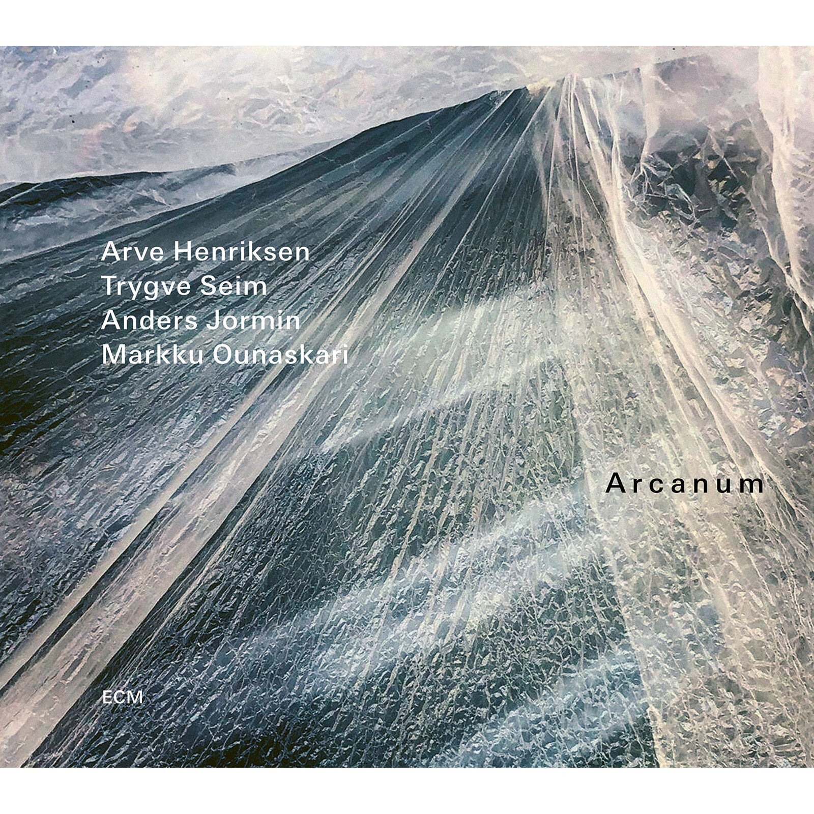 CD cover for "Arcanum" by Henriksen/Seim/Jormin, featuring abstract icy landscape.