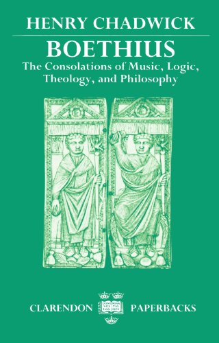Book cover for "Boethius" with two figures in carved panels on green.