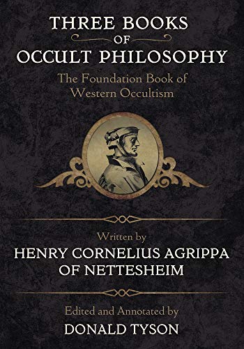 Book cover: "Three Books of Occult Philosophy" with a portrait.