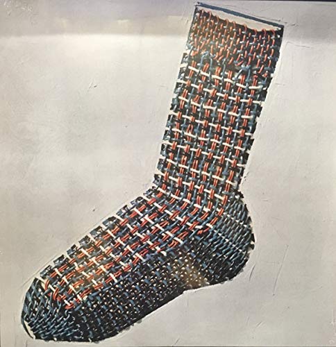 Record album cover featuring a woven, striped sock against a white background.