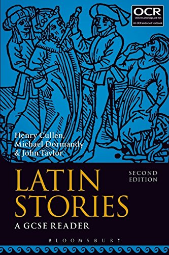 Book cover for Latin Stories: A GCSE Reader featuring blue historical line art illustrations.