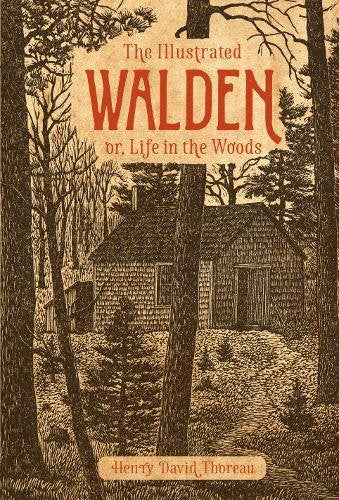 Vintage-style book cover depicting a cabin in a forest, “Walden” by Thoreau.