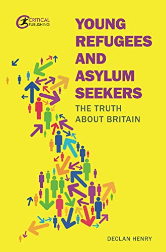 Book cover with colorful figures and arrows, titled "Young Refugees and Asylum Seekers".
